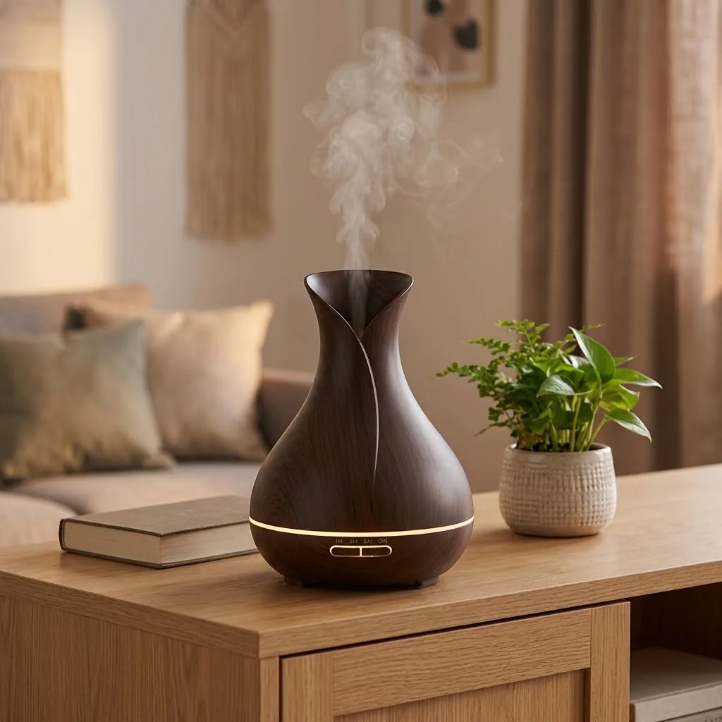 El difusor sobre un mueble de madera clara en una sala, junto a un libro y una planta, con vapor fino y el LED encendido